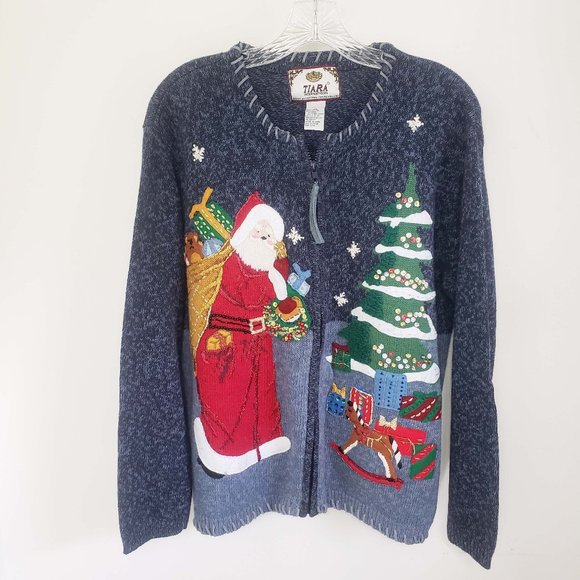 Tiara Sweaters - Tiara Women's Slate Blue Full Zip Knit Santa Christmas Tree Cardigan Sweater